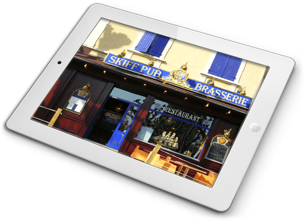 Skiff Pub ecran-visuel-façade-restaurant-jaune